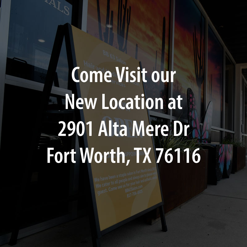 Informative image letting users know the salon has moved to 2109 Alta Mere Drive, Fort Worth, Texas 76116